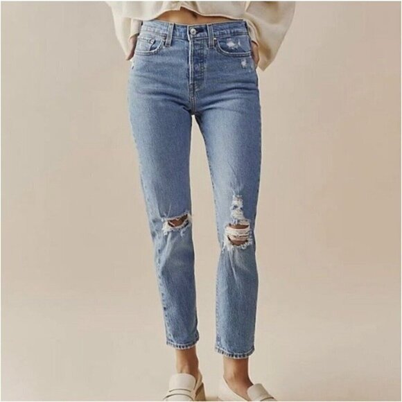 Levi’s Button Fly Wedgie Jeans 25 stretch Straight leg Distressed denim blue - Picture 1 of 14